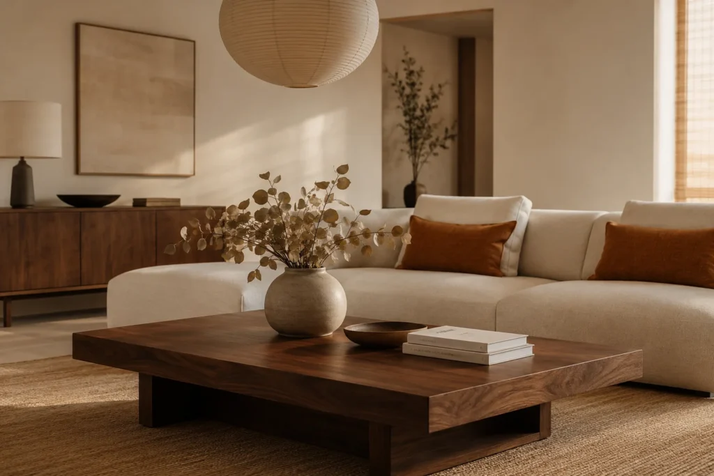 japandi cozy living room aesthetic 2026 with warm walnut wood and linen sofa