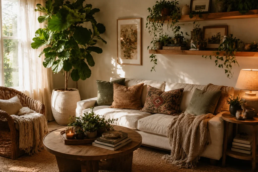 indoor plants biophilic cozy living room aesthetic 2026 fiddle leaf fig and pothos