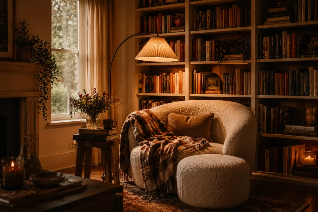 cozy reading nook corner living room aesthetic 2026 with bouclé armchair and floor lamp