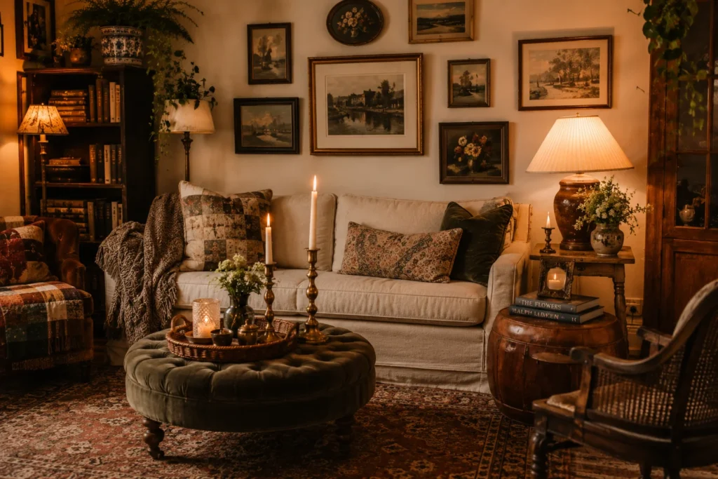vintage thrifted cozy living room aesthetic 2026 eclectic antique finds