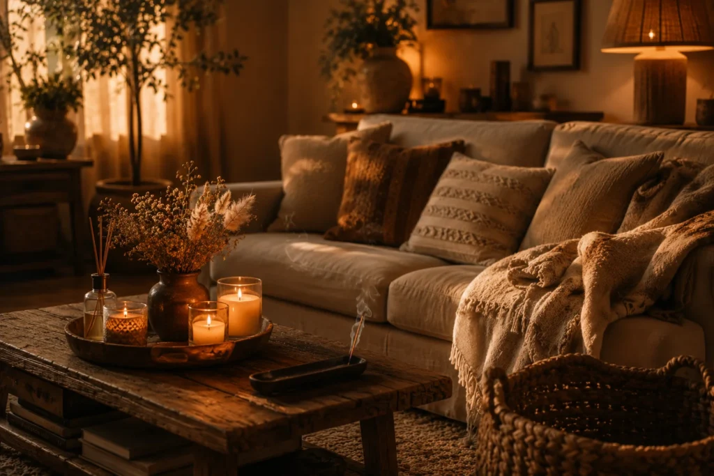 cozy scent and texture pairing living room aesthetic 2026 with candles and natural materials