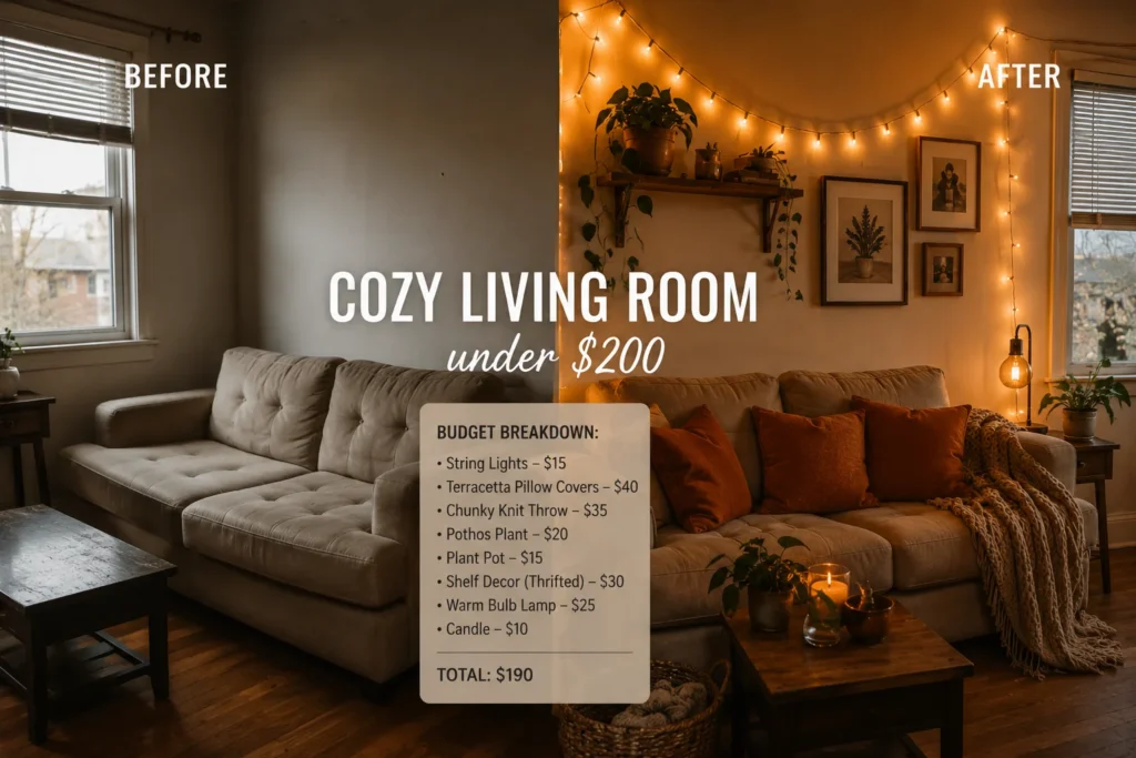 budget cozy living room aesthetic 2026 makeover under $200 transformation
