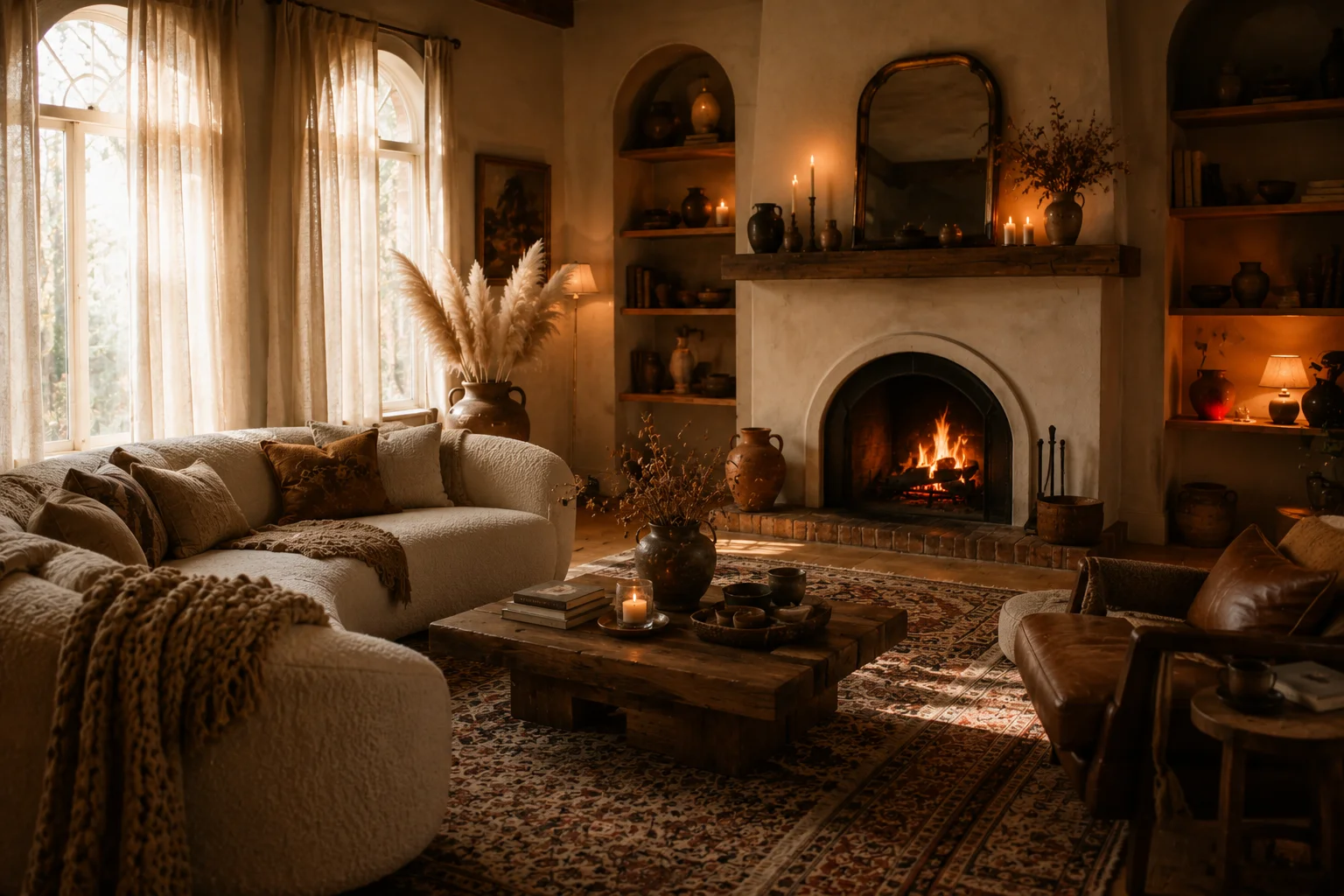 cozy living room aesthetic 2026 with warm amber lighting, boucle sofa, and terracotta decor