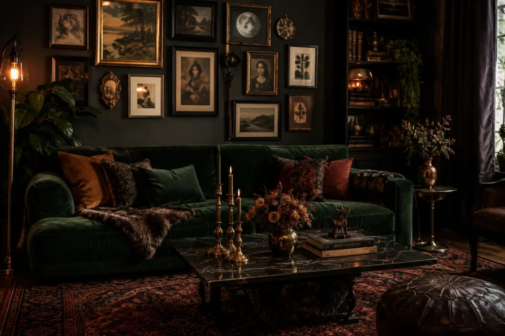 moody maximalist cozy living room aesthetic 2026 with dark green velvet and gallery wall
