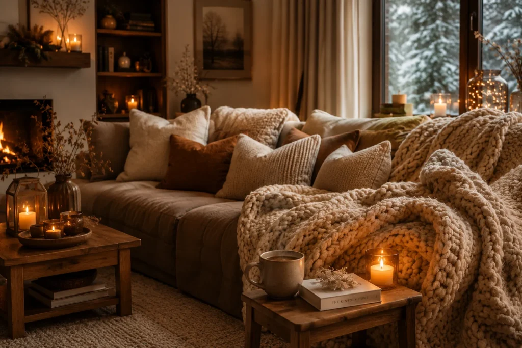 hygge cozy living room blanket nest aesthetic 2026 with chunky knit throws and candlelight