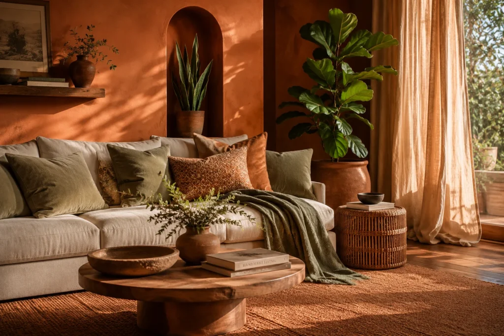 terracotta and sage green cozy living room aesthetic 2026 earthy palette