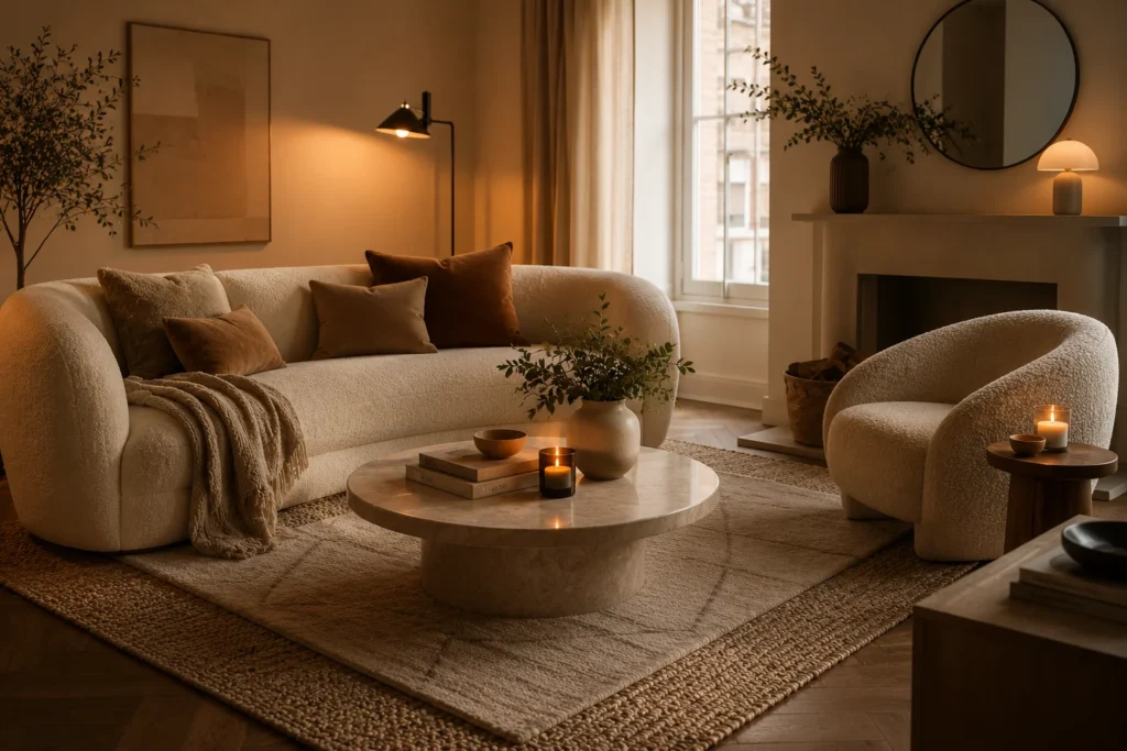 bouclé sofa and armchair cozy living room aesthetic 2026 textured minimalist style