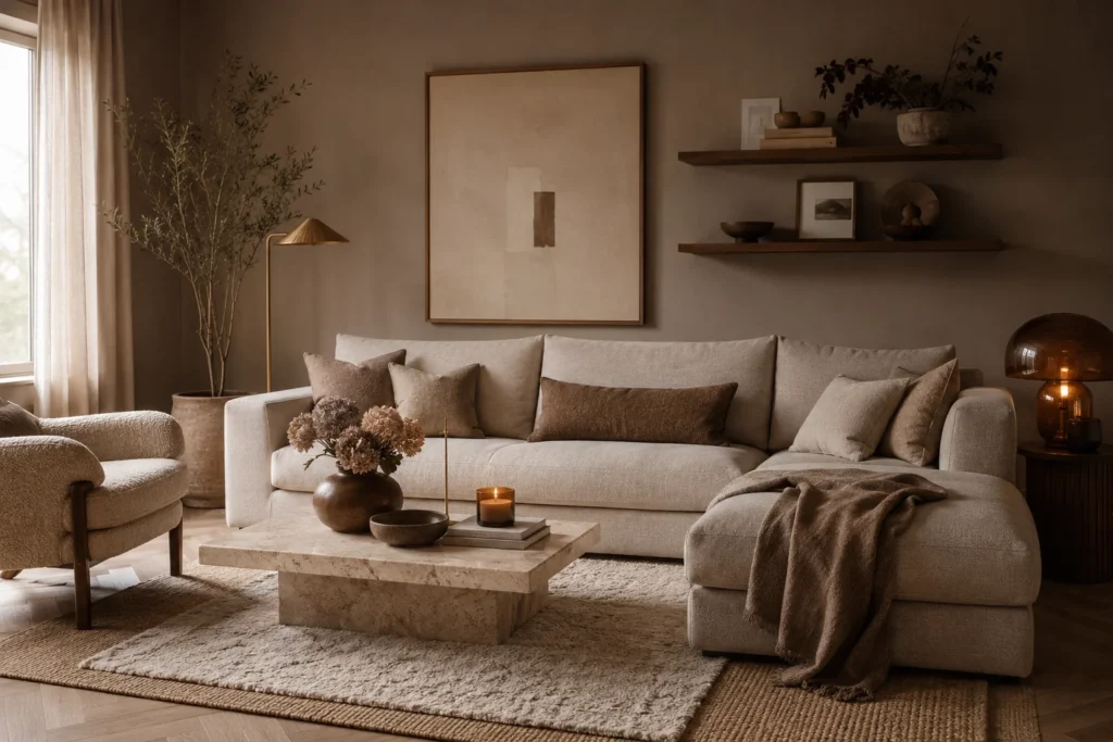 mushroom greige palette cozy living room aesthetic 2026 warm neutral tones