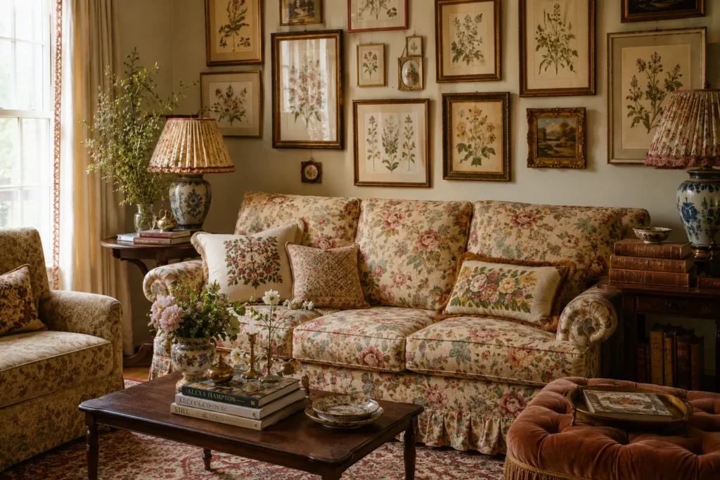grandmillennial cozy living room aesthetic 2026 with vintage floral and botanical prints