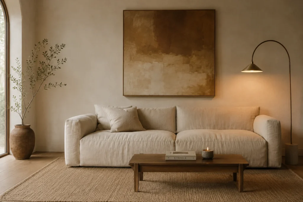 cozy minimalist living room aesthetic 2026 warm white and linen
