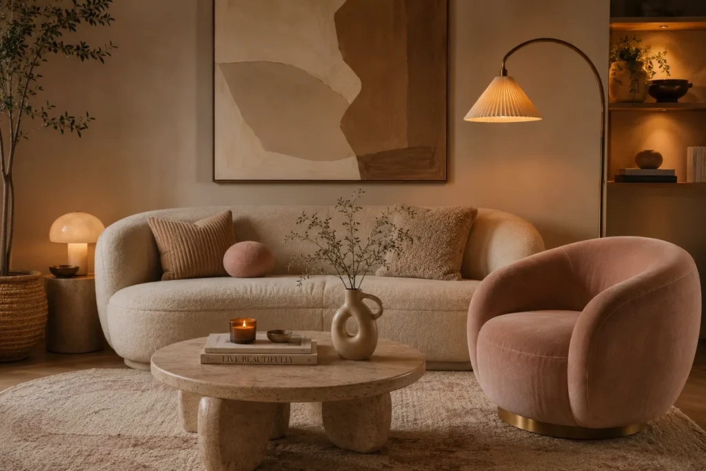 soft arch curved furniture cozy living room aesthetic 2026 organic shapes