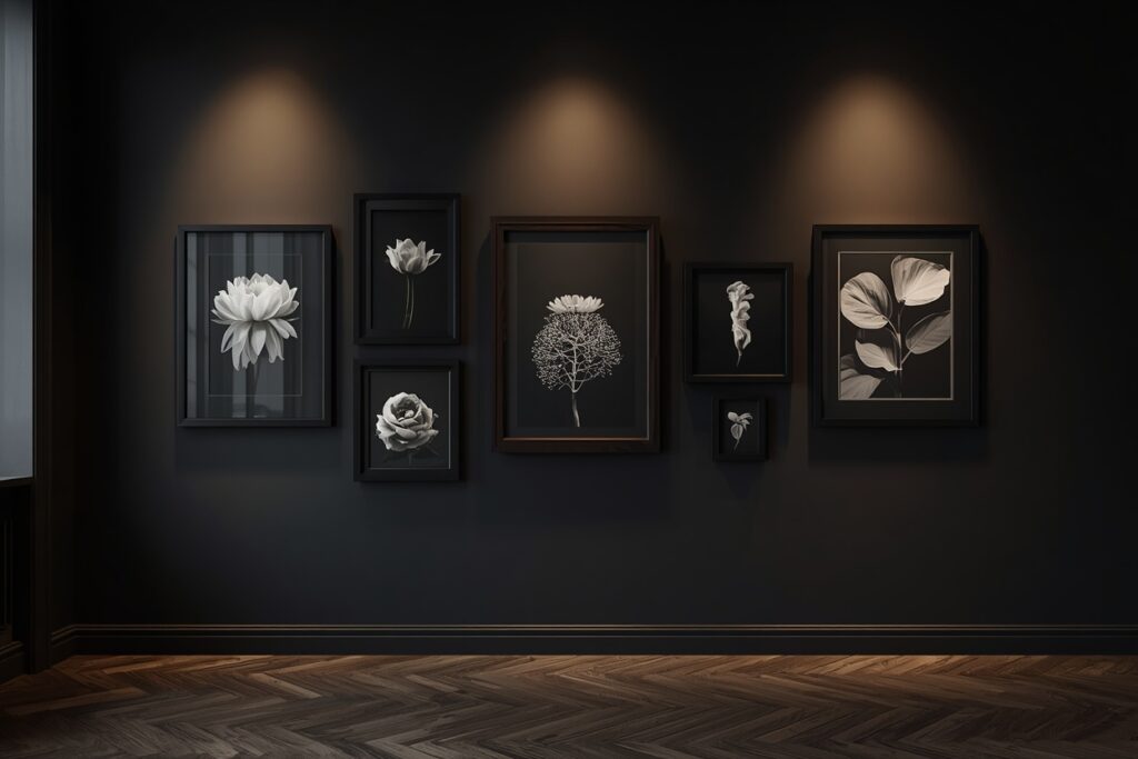 	
dark living room aesthetic 2026 curated gallery wall dark frames on charcoal black wall
