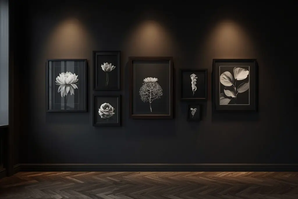 	
dark living room aesthetic 2026 curated gallery wall dark frames on charcoal black wall