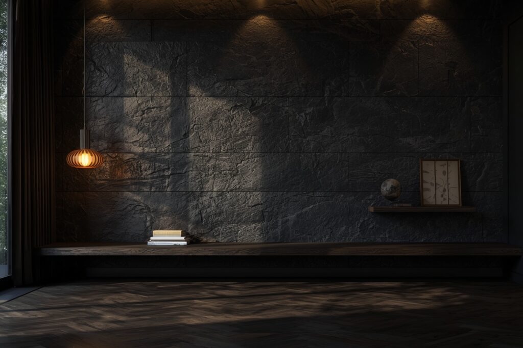 	
dark living room aesthetic 2026 obsidian slate feature wall with warm amber lighting