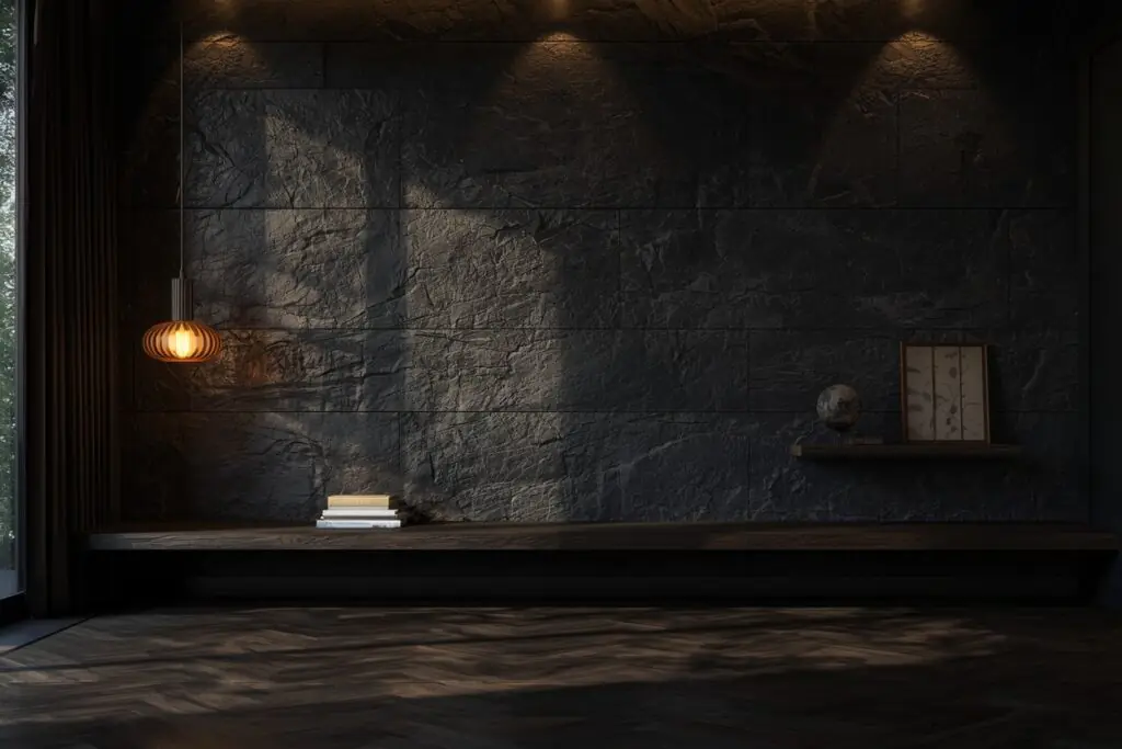 	
dark living room aesthetic 2026 obsidian slate feature wall with warm amber lighting