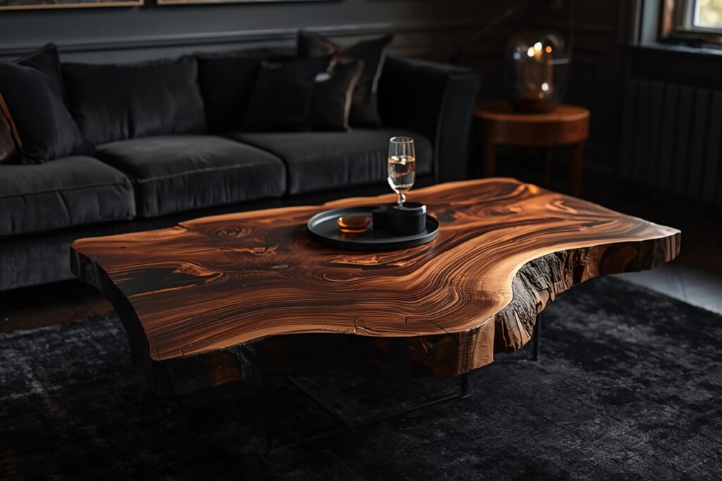 dark living room aesthetic 2026 live edge dark walnut coffee table moody interior