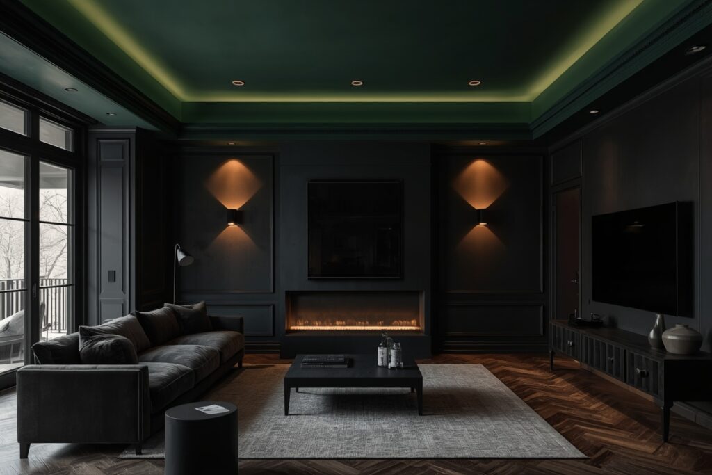 dark living room aesthetic 2026 deep forest green painted ceiling with warm recessed lighting