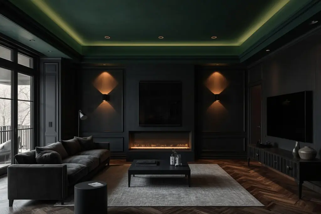 dark living room aesthetic 2026 deep forest green painted ceiling with warm recessed lighting