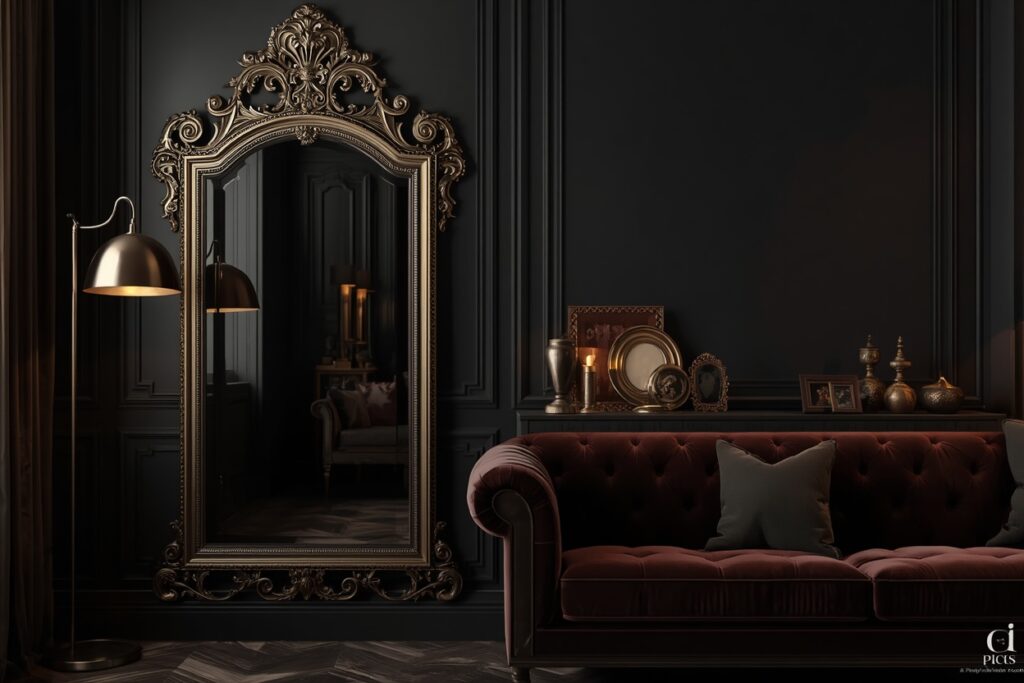 dark living room aesthetic 2026 antique foxed mirror with brass accents on charcoal wall