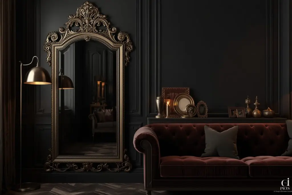 dark living room aesthetic 2026 antique foxed mirror with brass accents on charcoal wall