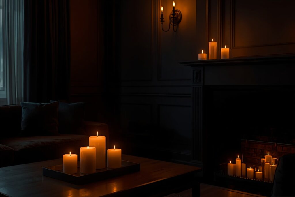 dark living room aesthetic 2026 candlelight and black wall sconces warm amber atmospheric lighting