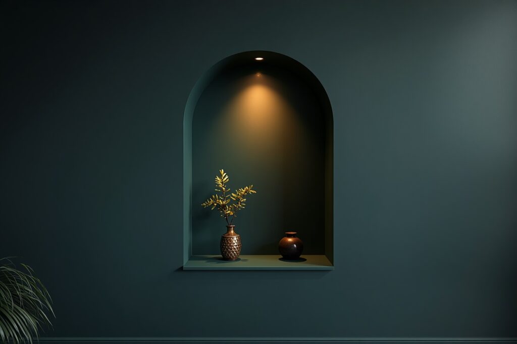 dark living room aesthetic 2026 deep teal arched niche built-in wall with warm spotlight