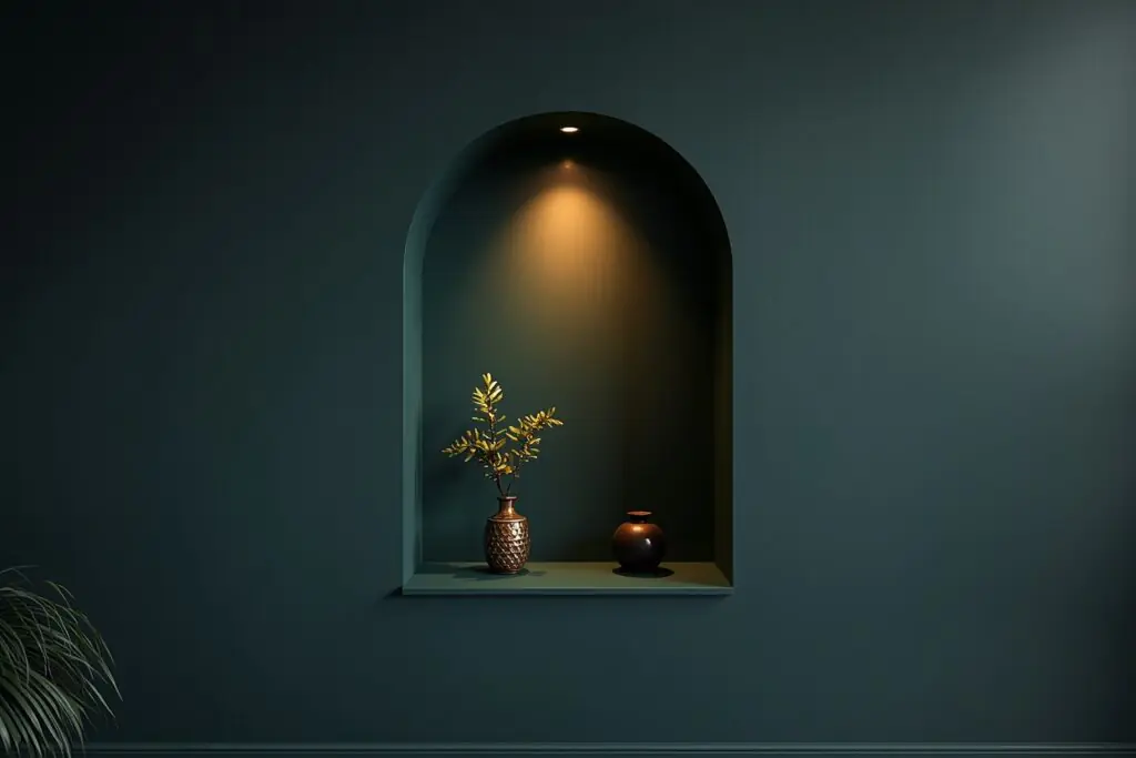 dark living room aesthetic 2026 deep teal arched niche built-in wall with warm spotlight