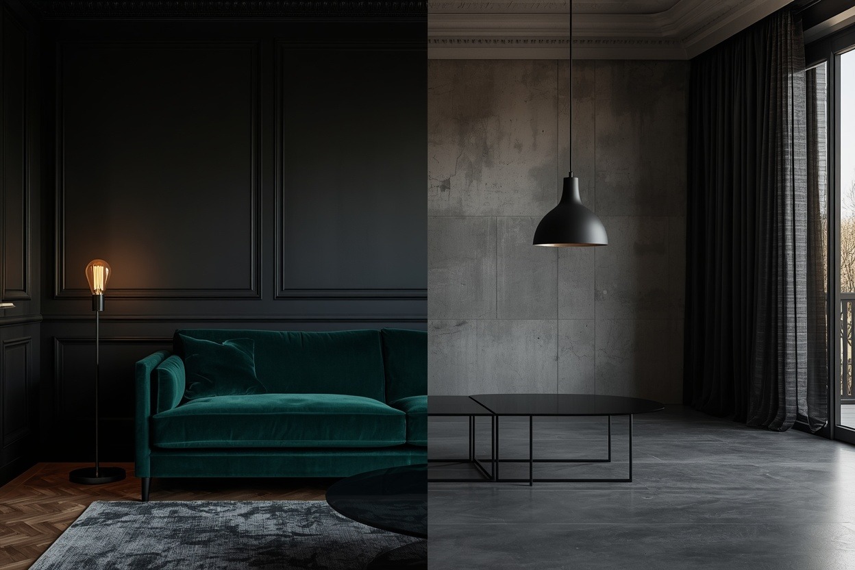 dark living room aesthetic 2026 split screen moody obsidian and charcoal interior design