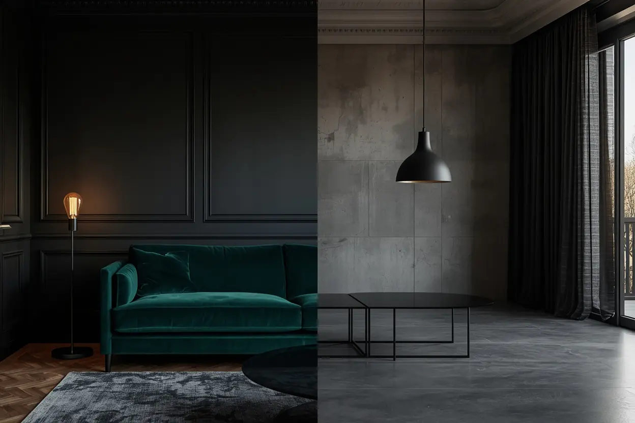 dark living room aesthetic 2026 split screen moody obsidian and charcoal interior design