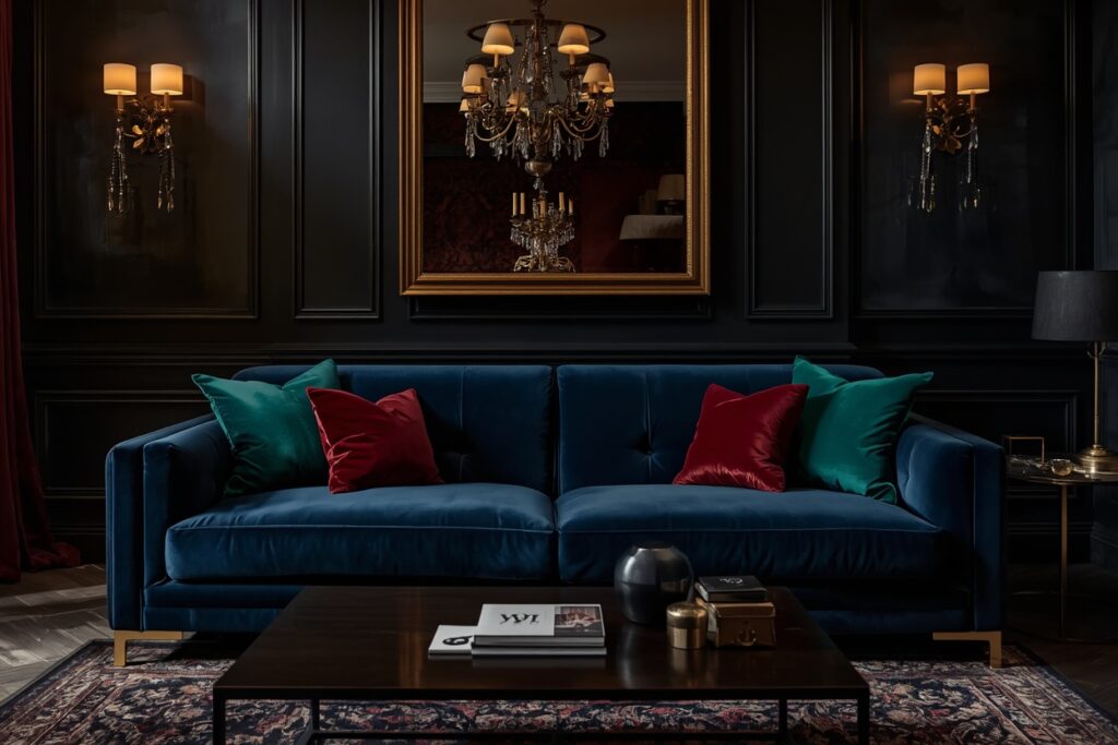 dark living room aesthetic 2026 midnight blue velvet sofa with jewel tone pillows and dark walls