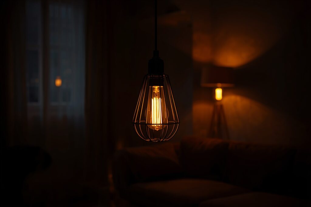 dark living room aesthetic 2026 warm amber Edison glow lighting with black cage pendant
