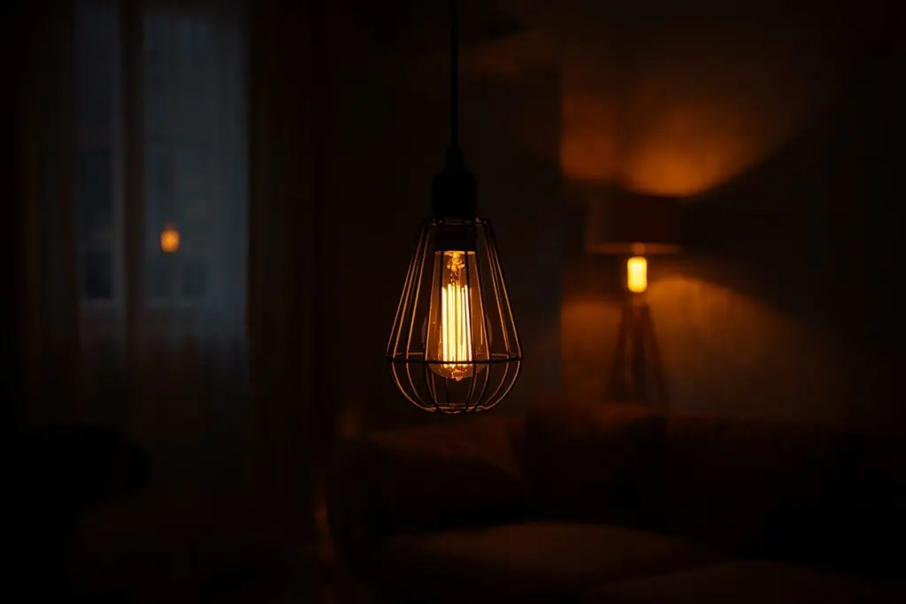 dark living room aesthetic 2026 warm amber Edison glow lighting with black cage pendant