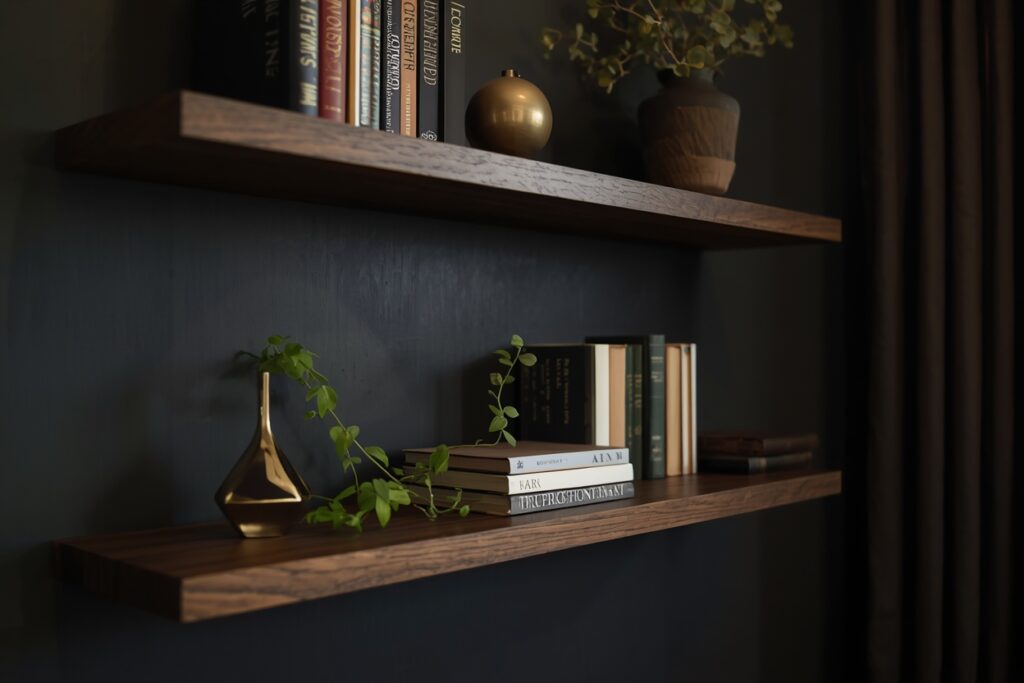 dark living room aesthetic 2026 dark walnut floating shelves styled with plants books and brass objects