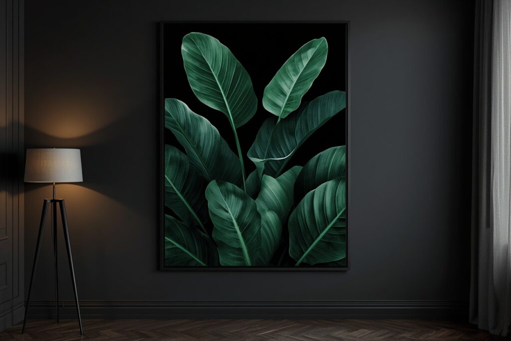 dark living room aesthetic 2026 oversized dark botanical artwork in black frame on charcoal wall