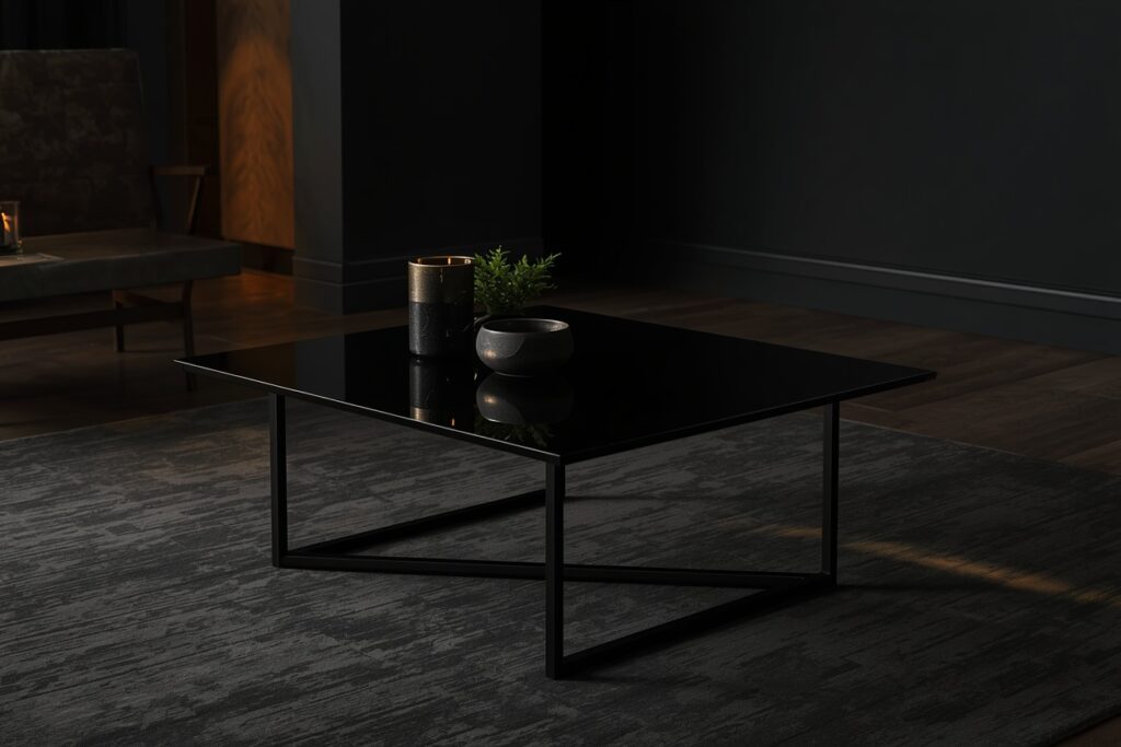 dark living room aesthetic 2026 smoked glass coffee table with black metal frame