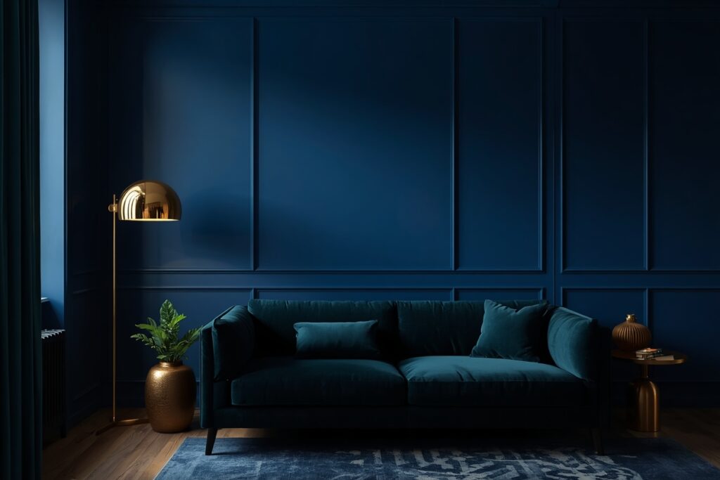 dark living room aesthetic 2026 deep sapphire jewel tone accent wall with brass accents