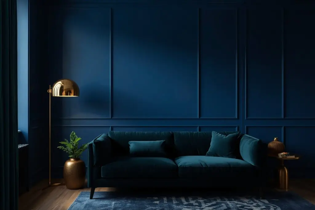 dark living room aesthetic 2026 deep sapphire jewel tone accent wall with brass accents