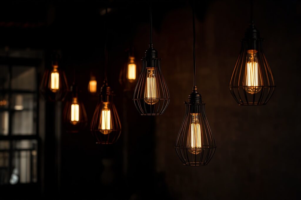	
dark living room aesthetic 2026 black metal industrial cage pendant lights warm Edison glow