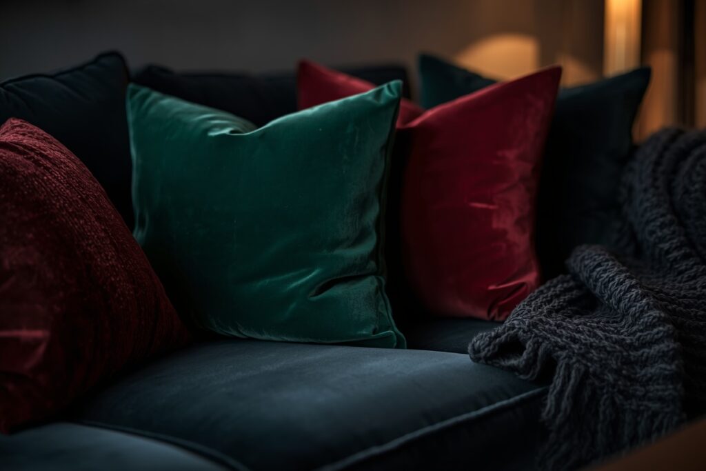 dark living room aesthetic 2026 layered velvet throw pillows jewel tones burgundy emerald sapphire