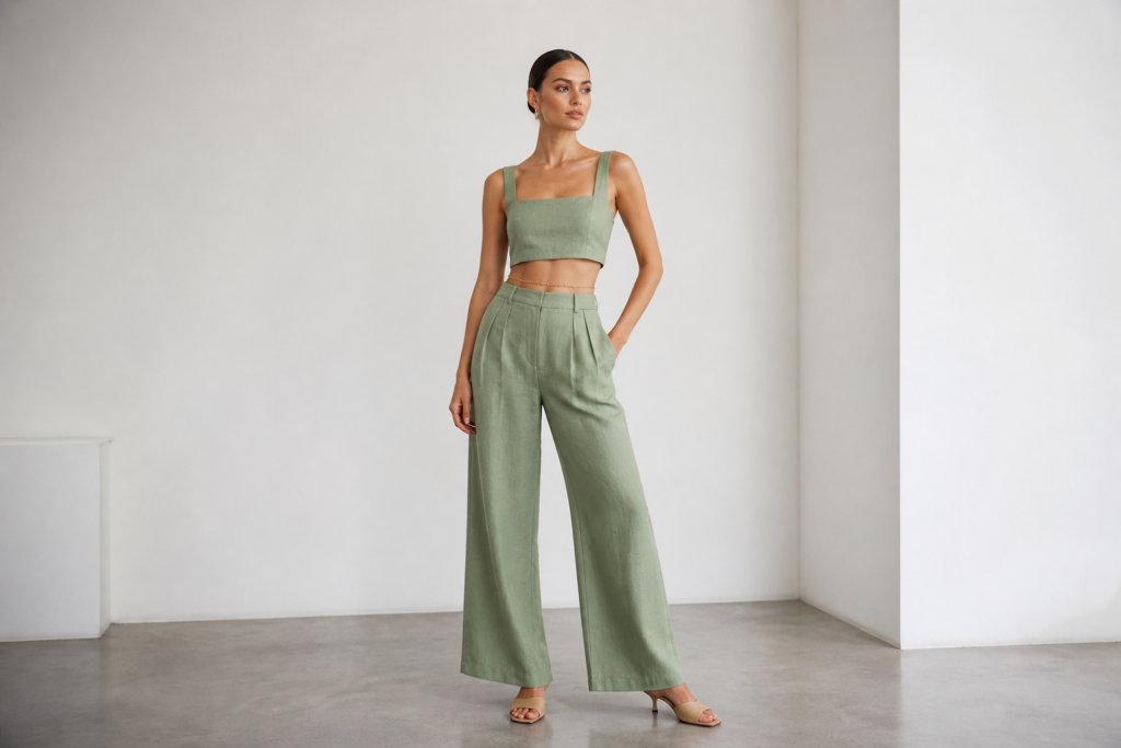 linen outfits for women 2026 — sage green linen crop top with matching high-waist wide-leg linen trousers editorial