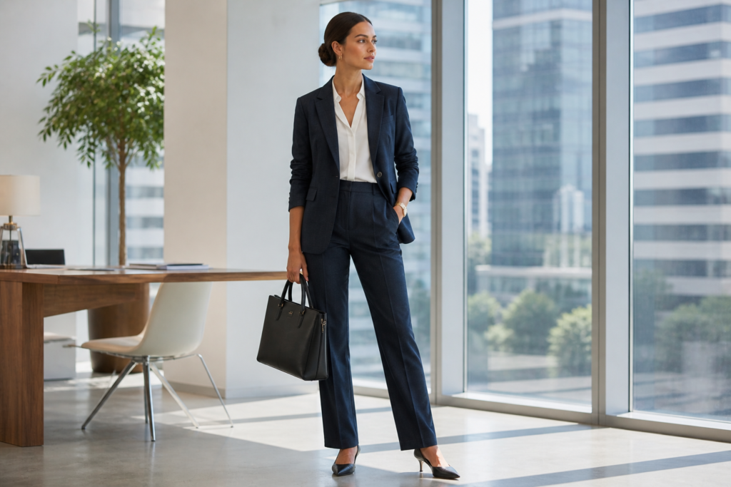 linen outfits for women 2026 — professional navy linen blazer trouser suit for work smart casual office look