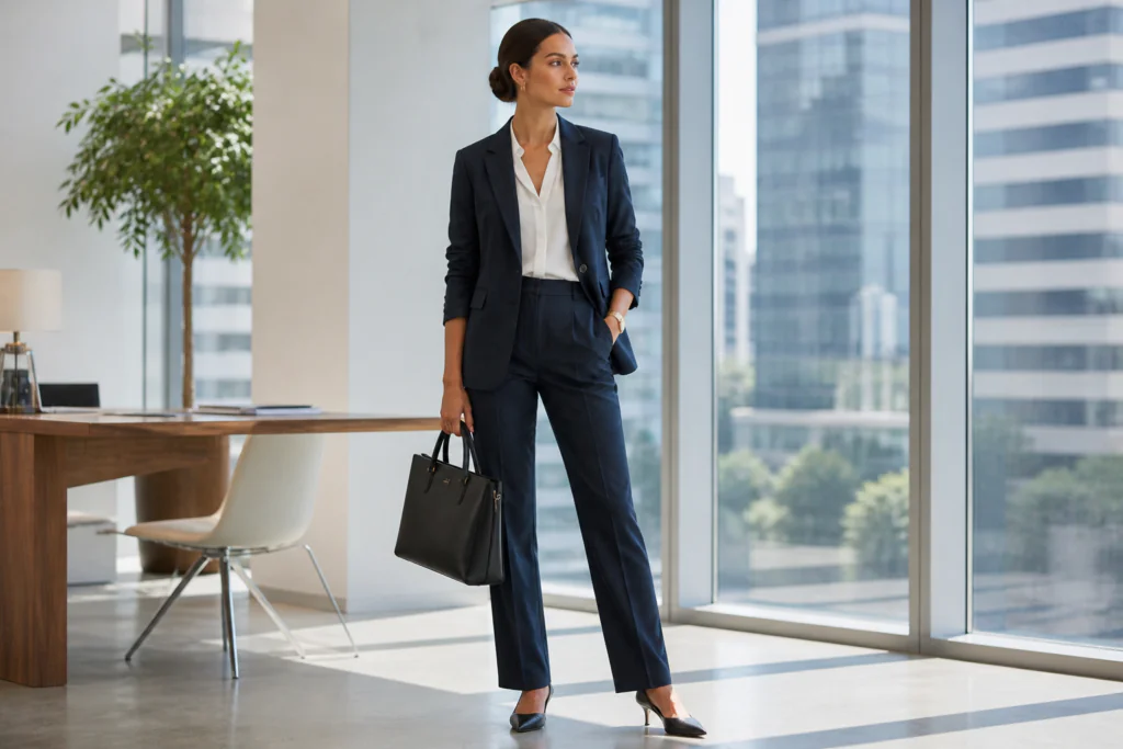 linen outfits for women 2026 — professional navy linen blazer trouser suit for work smart casual office look