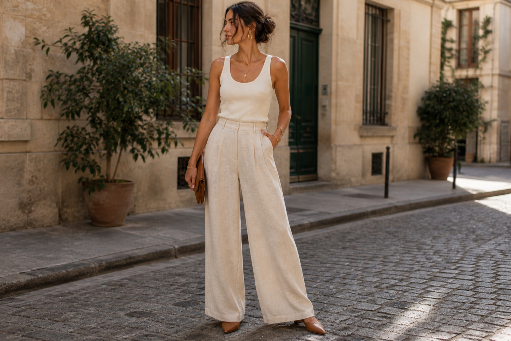 linen outfits for women 2026 — cream linen wide-leg trousers with fitted ribbed tank top street style