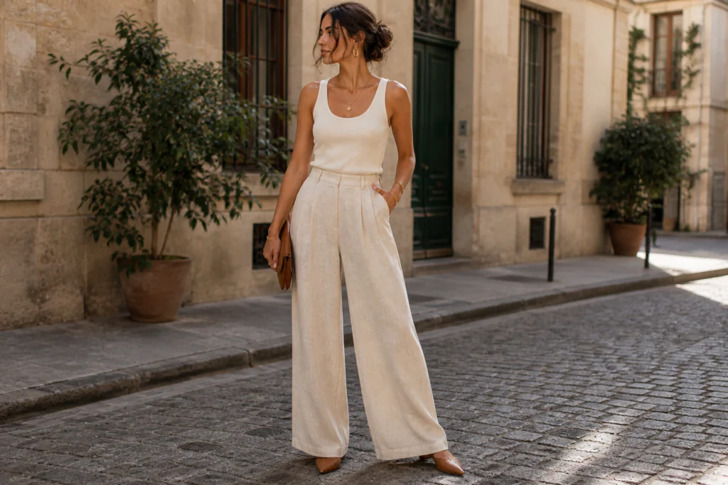 linen outfits for women 2026 — cream linen wide-leg trousers with fitted ribbed tank top street style