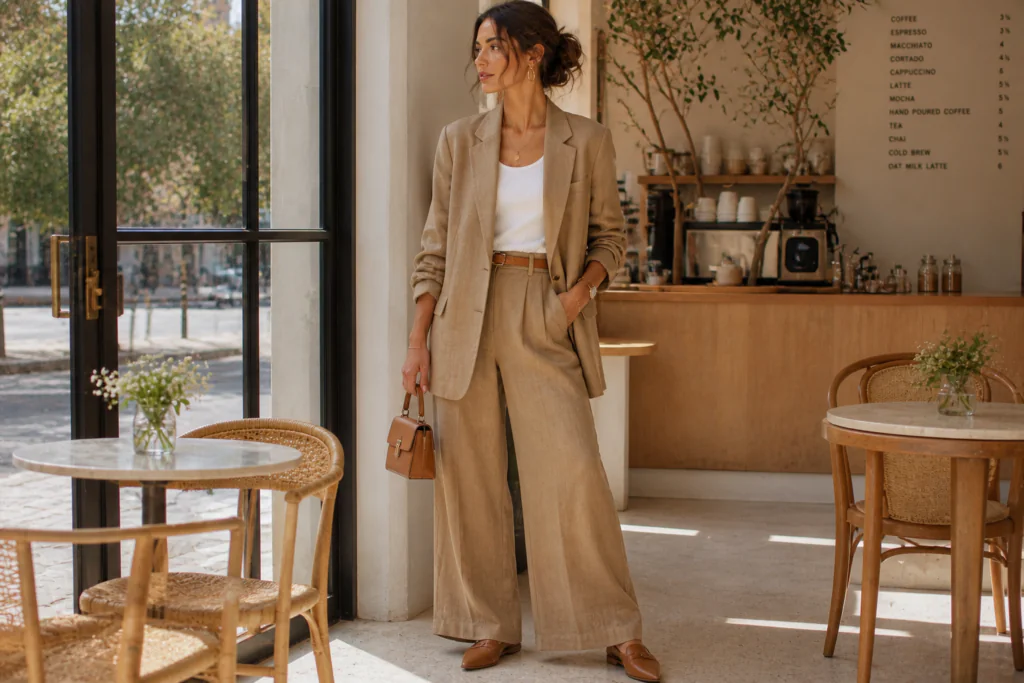 linen outfits for women 2026 — camel linen co-ord blazer and wide-leg trouser matching set editorial