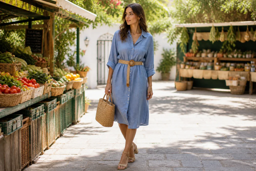 linen outfits for women 2026 — chambray blue linen shirt dress belted with woven belt and rattan bag