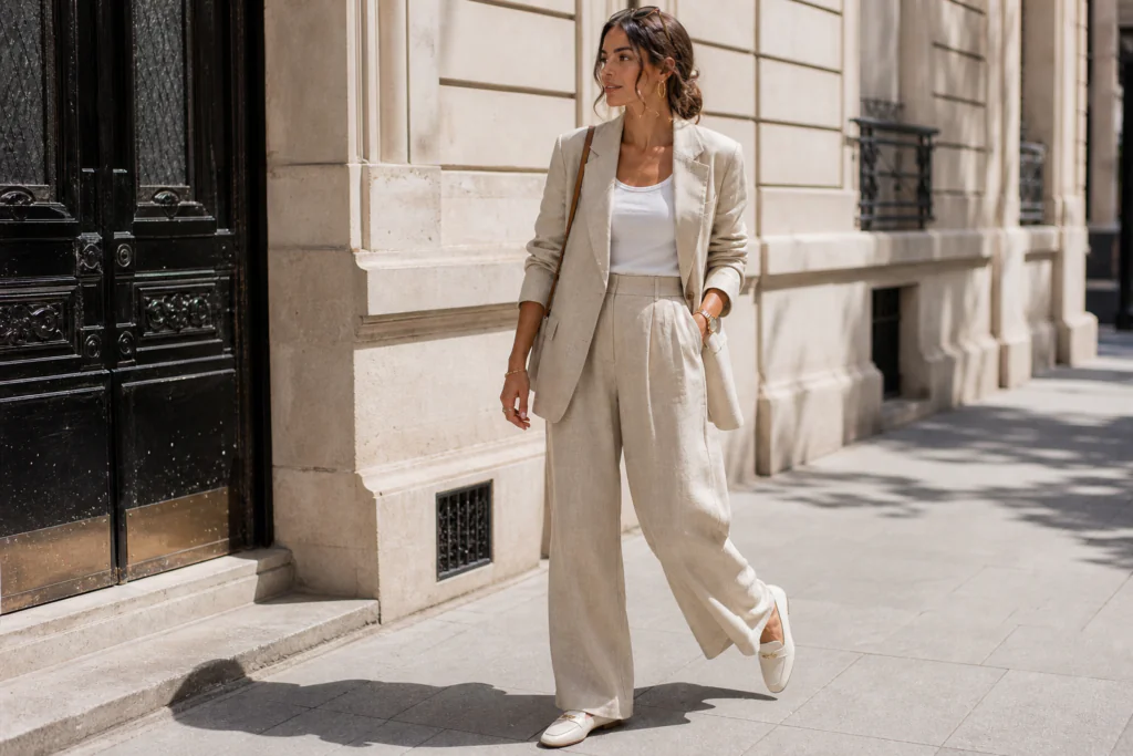 linen outfits for women 2026 — oversized sand linen blazer suit with wide-leg trousers and white loafers