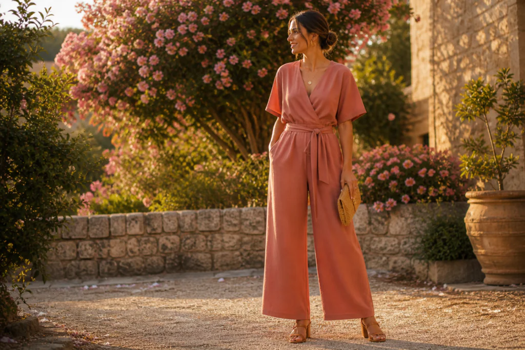 linen outfits for women 2026 — dusty rose linen jumpsuit wide-leg belted at waist editorial fashion photography