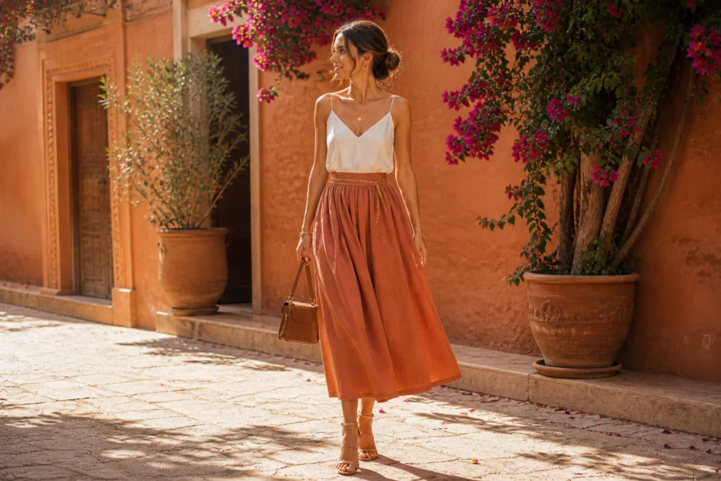 linen outfits for women 2026 — terracotta linen midi skirt with strappy top and heeled sandals
