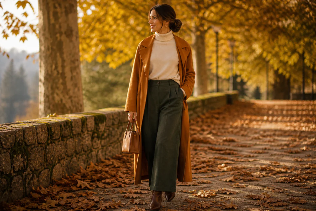 linen outfits for women autumn 2026 — layered forest green linen trousers with ochre linen coat and cashmere knit